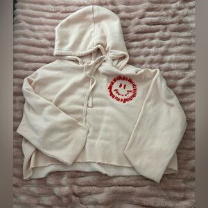 Cropped Pink Happy Hearts Hoodie with Red Smiley Face